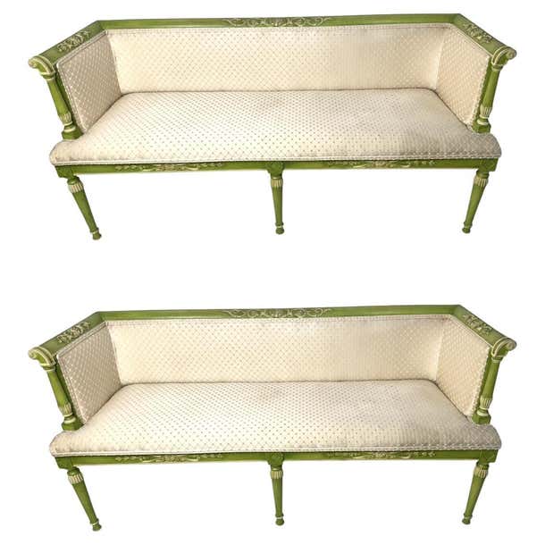 Pair of Neoclassical Painted Decorated Green Settees with Cream Upholstery