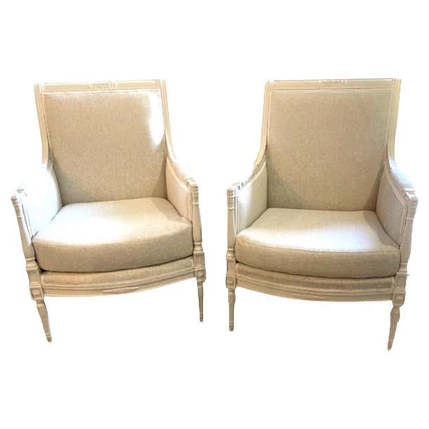 Pair of Directoire Style Louis XVI Bergere Armchairs in Natural Linen
