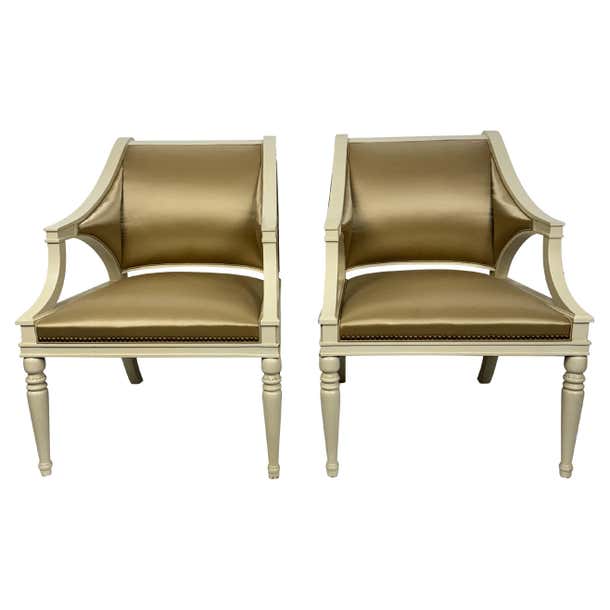 Pair of CuDesigner Wide Seat Arm Chairs in Champagne Satin Upholstery