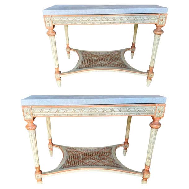 Pair of Beige and Peach Paint Decorated End Tables with Taj Mahal Marble Tops