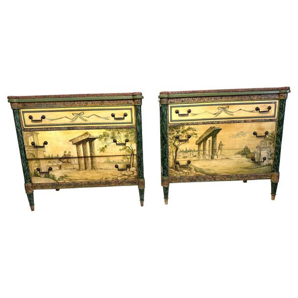 Pair Antique Neoclassical Italian School Green Faux Painted Rouge Marble Chests