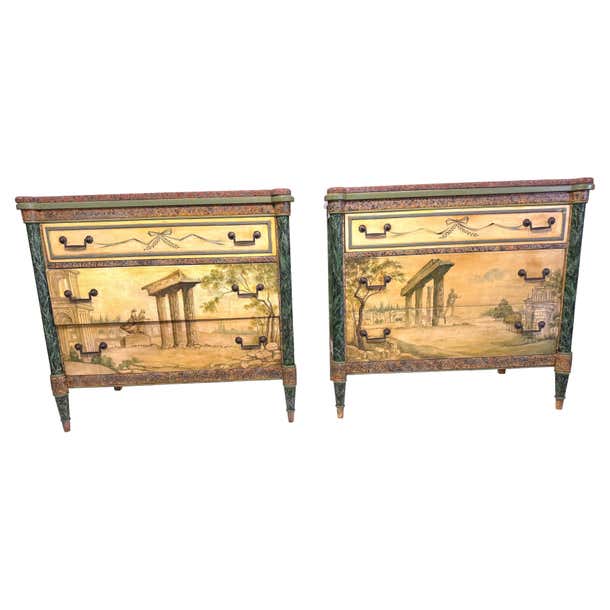 Pair Antique Neoclassical Italian School Green Faux Painted Rouge Marble Chests