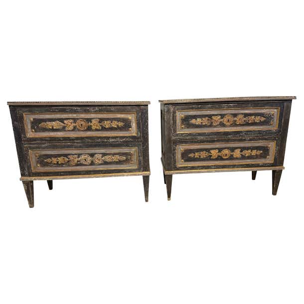 Antique Gustavian Style Hand Carved Painted Grey/Green Chests