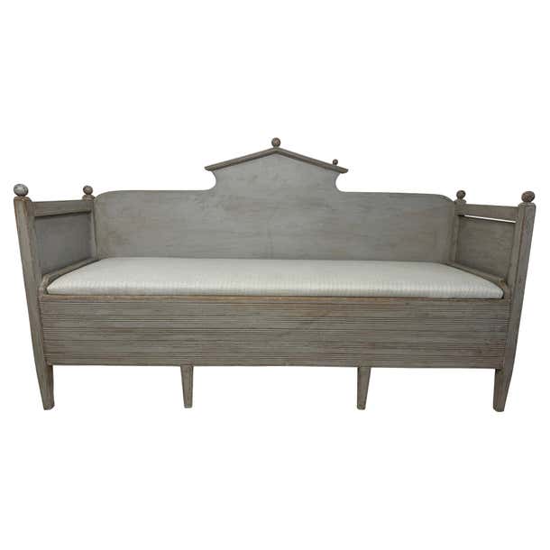 Neoclassical Style Swedish Grey Gustavian Storage Sofa Hand Carved