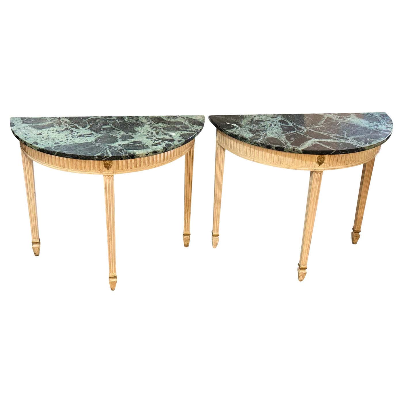Pair of Demilune Painted Classical Console Tables with Green Marble Tops