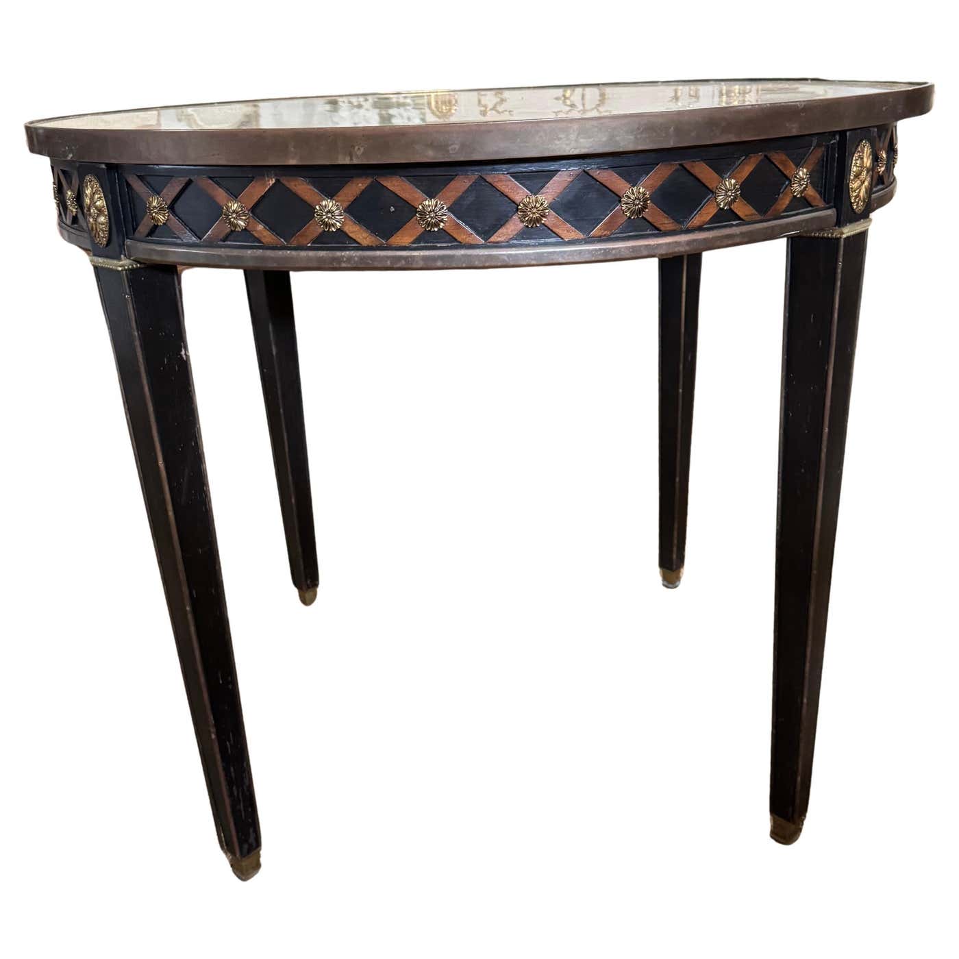 French Neoclassical-Style Circular table with Marble Top and Brass Trim