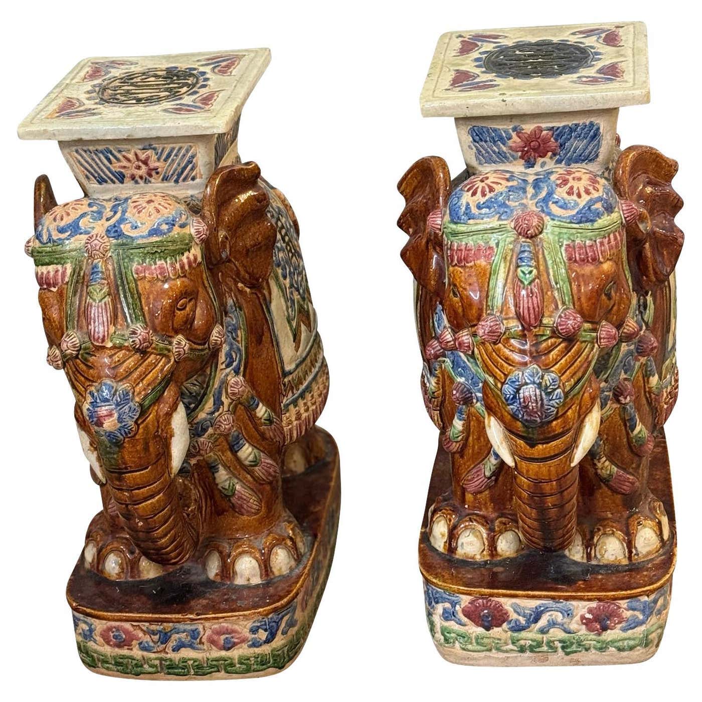 Pair of Vintage Brown Elephant Form Garden Stools with Green and Blue Decoration