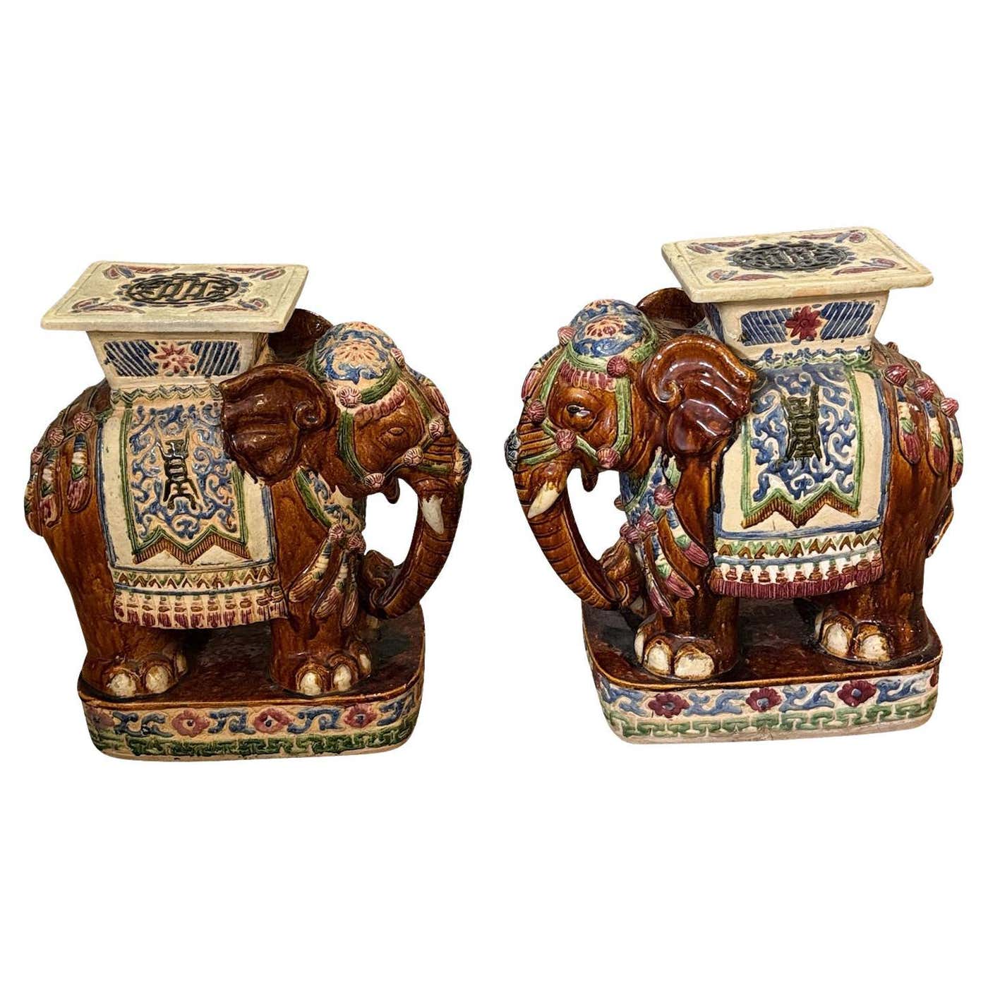 Pair of Vintage Brown Elephant Form Garden Stools with Green and Blue Decoration