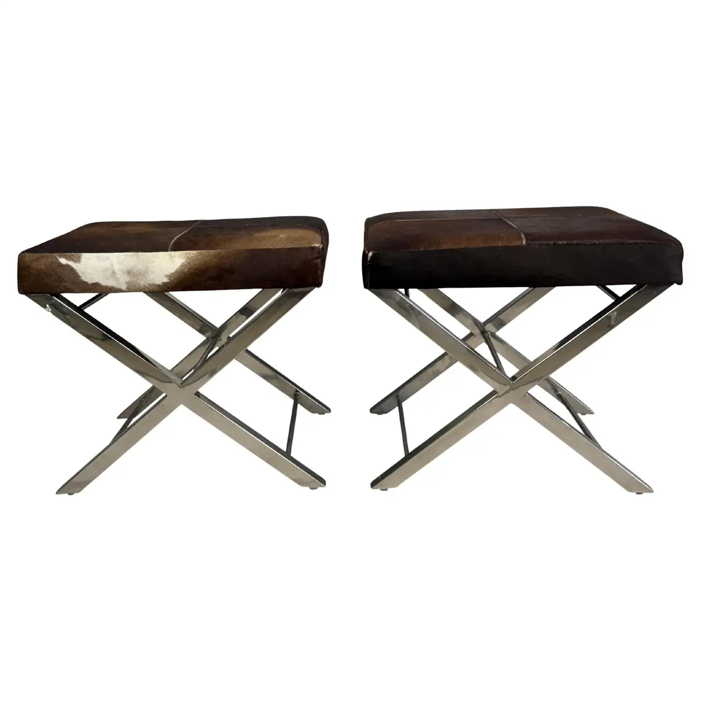 Pair of Mid Century Cow Hide Benches with Chrome Bases